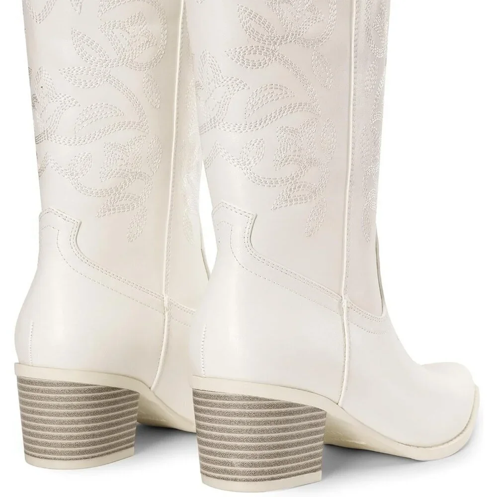 Women's White Cowboy Faux Leather Embroidery Stitched Chunky Heel Mid Calf Boots